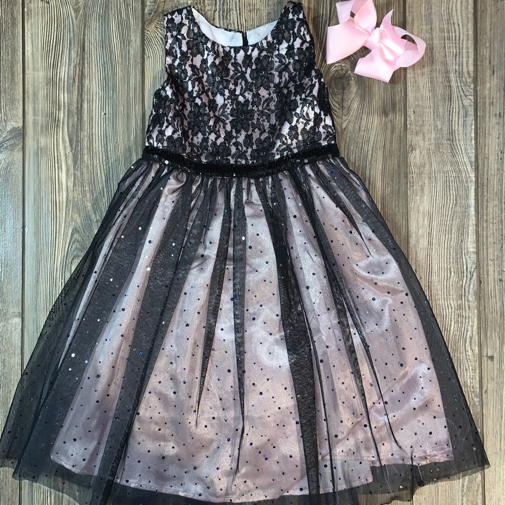 Pink Dress With Black Tulle & Lace Overlay